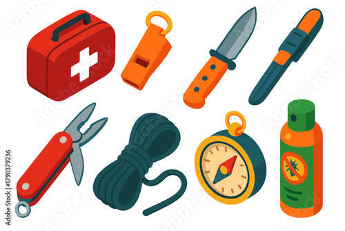 Camping Essentials Icons. Isometric vector illustration set Camping essentials – first aid kit, emergency whistle, survival knife;