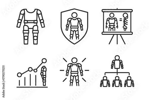 Exoskeleton Evolution Icons. Line style icons of exoskeleton evolution: early prototype icon, first-gen exo badge, historic