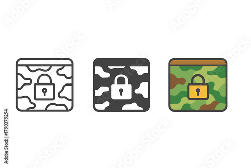 Camouflaged Container Trio. Minimalist hidden container icon: three identical camouflaged containers in a row, first in line style