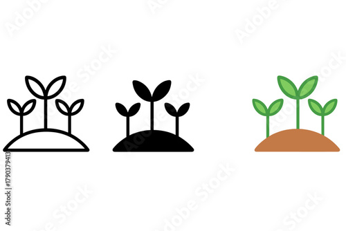 Minimalist Plant Icons. Minimalist plant row icon: three identical planted rows icons in a row, first in line style with thin
