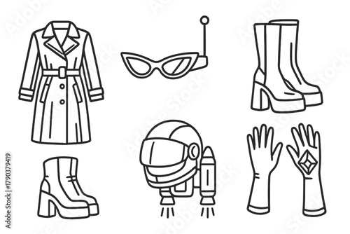 Retro-Futuristic Fashion Icons. Line style icons of retro-futuristic fashion mods: metallic trench coat, cat-eye visor goggles,