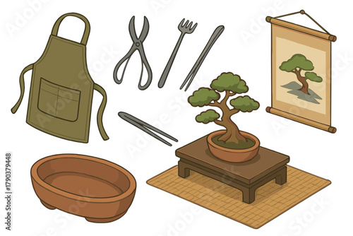 Bonsai Gardening Tools. Isometric vector illustration set of Bonsai gardening: garden apron, fine pruning shears, leaf thinning