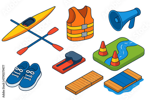 Isometric Rowing Icons. Isometric vector illustration set Outdoor sports – rowing boat, oars, life jacket; coxswain megaphone,
