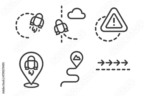 Jetpack Commute Icons. Line style icons of jetpack commute routes: shortest flight path, safe air-lane icon, no-fly zone alert,