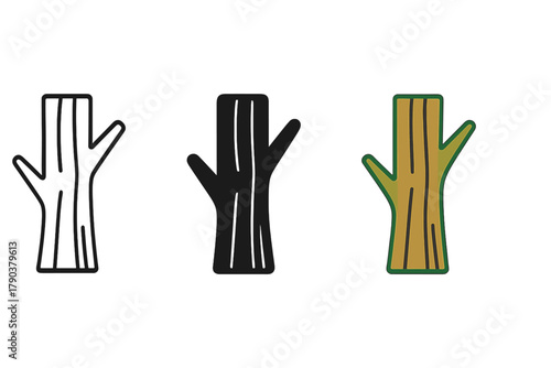 Minimalist Tree Trio. Minimalist tree trunk icon: three identical rainforest tree trunks in a row, first in line style with thin