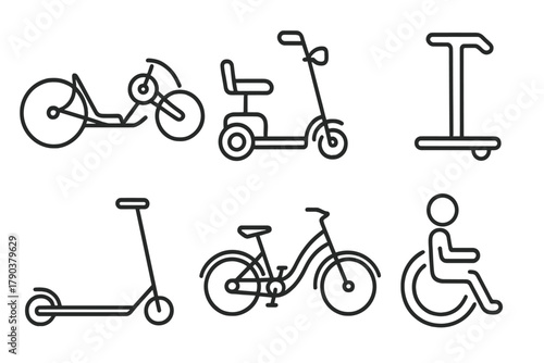 Adaptive Micro-Mobility Icons. Line style icons of Adaptive Micro-Mobility: handcycle e-trike, seated scooter, one-handed control