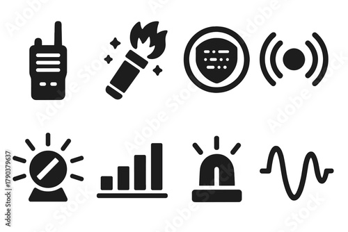 Crisis Communication Icons. Solid style icons of communication during crisis: walkie-talkie glyph, signal flare icon, coded