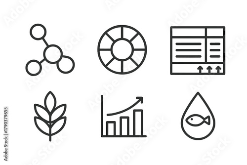 Nutrition Icons Collection. Line style icons of nutrition info: protein molecule icon, amino acid wheel, vitamin content table,