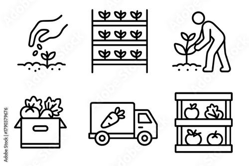Farm-to-Fork Icons. Line style icons of farm-to-fork concept: planting seed, growing rack, harvesting plant, packaging produce,