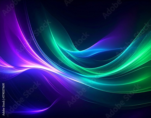 Abstract aurora lights flowing like ribbons across night sky with glowing particles