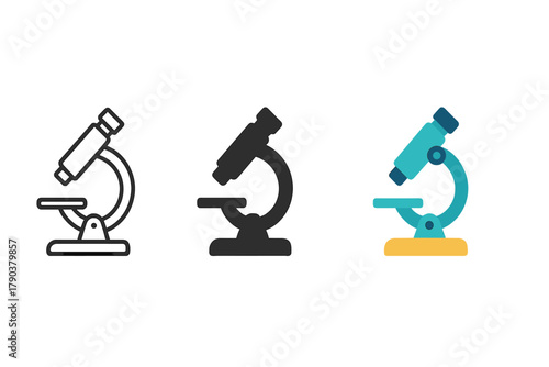 Minimalist Microscope Trio. Minimalist microscope icon: three identical microscopes in side view in a row, first in line style