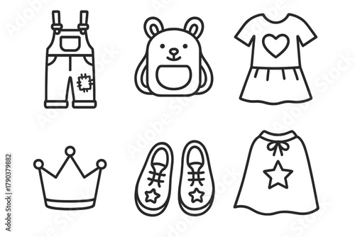 Upcycling Kids Icons. Line style icons of upcycling for kids: patched overalls, fabric animal backpack, DIY dress from old tee,