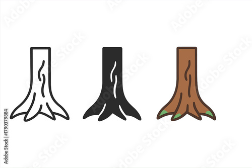 Minimalist Tree Trio. Minimalist tree trunk icon: three identical rainforest tree trunks in a row, first in line style with thin