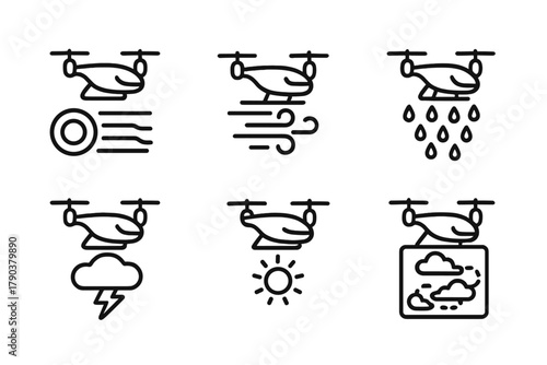 Weather Taxi Icons. Line style icons of weather-related flying taxi icons: fog detection icon, wind gust indicator, rain flight