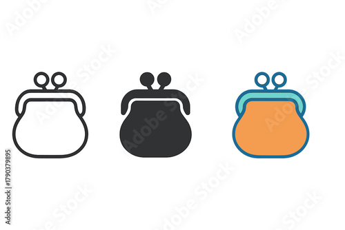 Minimalist Coin Purse Icons. Minimalist coin purse icon: three identical coin pouch icons in a row, first in line style with thin