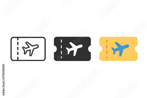 Airplane Ticket Icons. Minimalist airplane ticket icon: three identical rectangular flight tickets with airplane silhouette in a