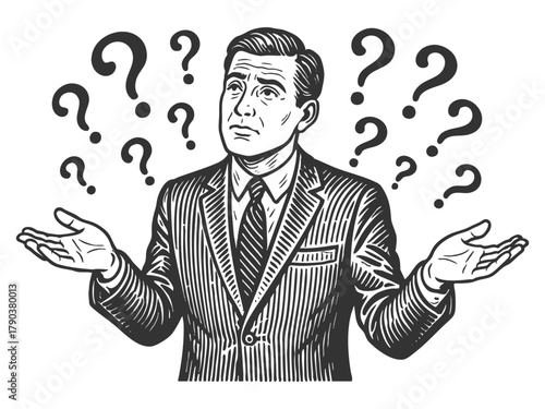 puzzled businessman shrugging with question marks around him, expressing confusion or uncertainty sketch engraving generative ai fictional character vector illustration. Scratch board. Black and white