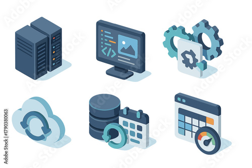 Digital Newsroom Elements. Isometric vector illustration set News and media – digital newsroom: server cluster, code editor, CMS