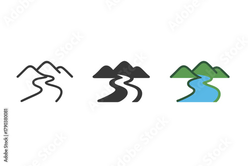 River Stream Icons. Minimalist river stream icon: three identical rainforest streams in a row, first in line style with thin