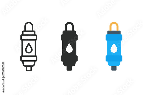 Water Filter Icon Styles. Minimalist water purification icon: three identical portable water filters in a row, first in line style