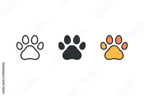 Animal Tracking Icons. Minimalist animal tracking icon: three identical animal footprints in a row, first in line style with thin