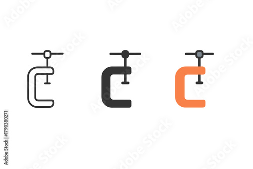 Minimalist Clamp Icon Series. Minimalist clamp icon: three identical woodworking clamps in a row, first in line style with thin