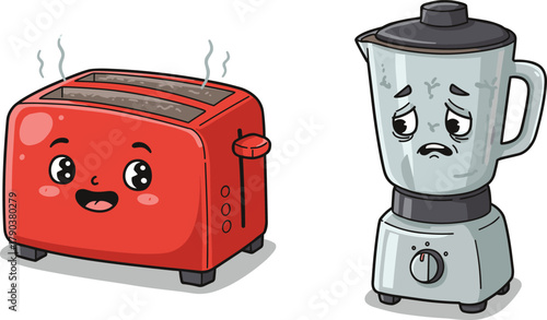 Cute cartoon toaster and blender, happy and sad kitchen appliances, emotional expressions, kawaii style, vector illustration, white background, humor