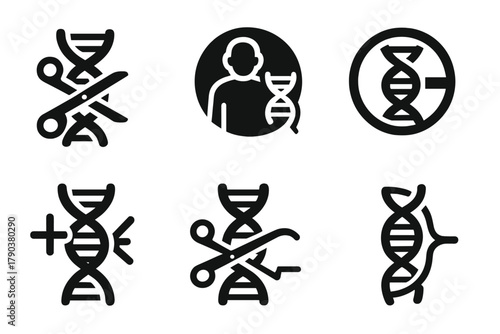 Gene Editing Icons. Solid style icons of gene editing for age reversal: CRISPR scissors icon, DNA mod symbol, genome tweak glyph.