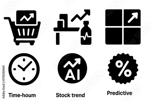 Predictive Retail Icons. Solid style icons of predictive procurement in retail: shopping cart with forecast screen, smart shelf