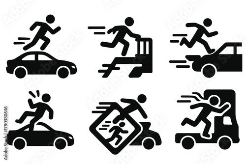 High-Speed Icons. Solid style icons of high-speed interaction: sprint on speeding car, catch rail icon, leap between fast vehicles