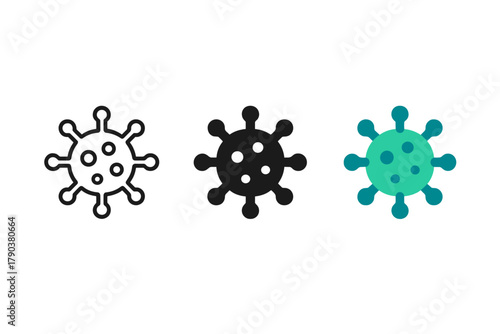 Minimalist Virus Icons. Minimalist virus icon: three identical virus icons in a row, first in line style with thin outline, second