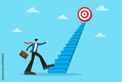 Businessman climbing stairs to reach target goal. Concept of career growth, business success, leadership, and achievement. Motivation and goal setting illustration.