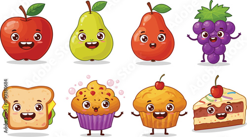 Cute cartoon food characters, smiling apple, happy sandwich, cheerful cupcake, animated fruits and desserts, playful design, kids illustration, fun snack