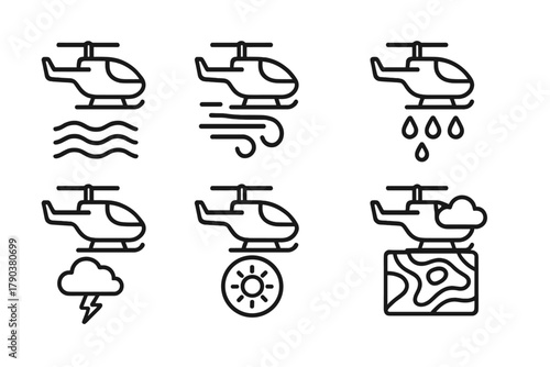 Weather Taxi Icons. Line style icons of weather-related flying taxi icons: fog detection icon, wind gust indicator, rain flight