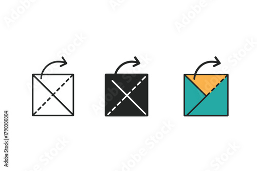 Origami Diagram Variations. Minimalist folding diagram icon: three identical origami step diagrams in a row, first in line style