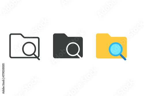 Minimalist Folder Icons. Minimalist search folder icon: three identical folders with a small magnifier in a row, first in line