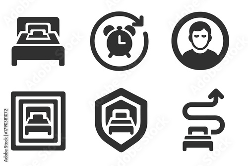 False Awakening Icons. Solid style icons of false awakenings: bed within bed icon, loop alarm glyph, waking illusion ring. Endless