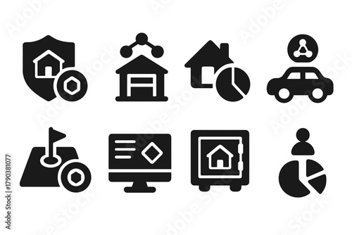 Solid Asset DAO Icons. Solid style icons of real-world asset DAOs: real estate token badge, physical asset on chain, fractional