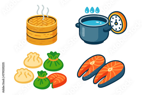 Cooking Technique Icons. Isometric vector illustration set Cooking techniques – bamboo steamer, tiered baskets, steam rising; rice