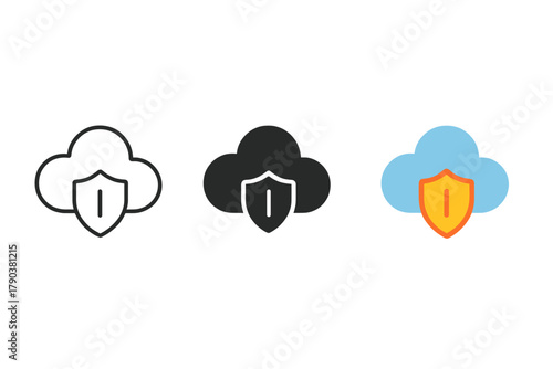 Minimalist Cloud Backup Icons. Minimalist backup icon: three identical cloud with shield icons in a row, first in line style with