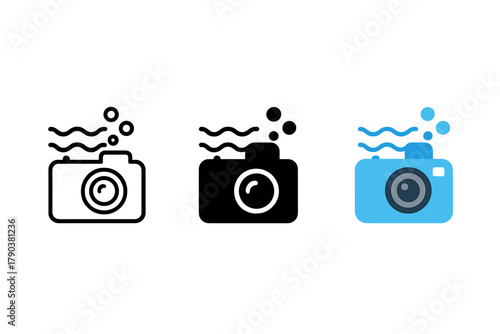 Underwater Camera Icons. Minimalist underwater camera icon: three identical waterproof camera icons in a row, first in line style