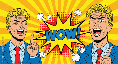 Comic style wow expression pop art illustration, surprised man reaction, retro cartoon design, speech bubble explosion background, vintage comic artwork