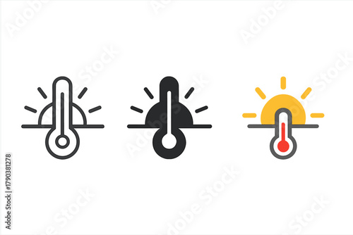 Sunrise Temperature Icons. Minimalist sunrise temperature icon: three identical sun rising behind thermometer icons in a row,