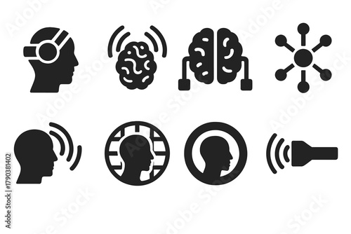 Psionic Engineering Icons. Solid style icons of psionic engineering: neural amplifiers, thought-wave circuits, psychic conduits.
