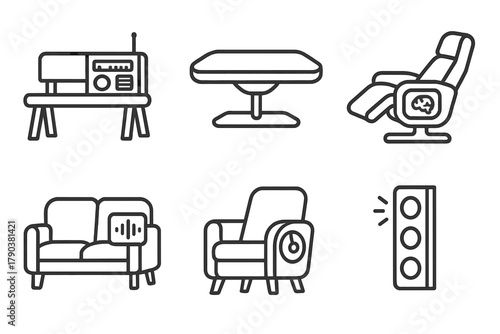Modded Furniture Icons. Line style icons of modded furniture: bench with radio control panel, floating mod coffee table,