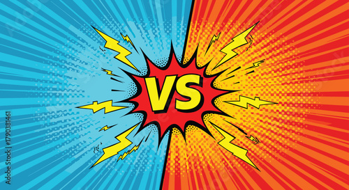 Comic style versus background illustration, pop art design, red and blue explosion, lightning effect, competition fight banner, retro comic layout