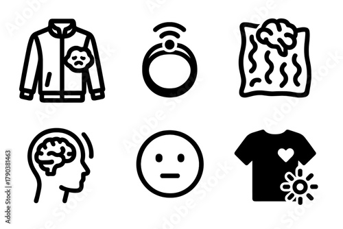 Brain-Computer Fashion Icons. Line style icons of Brain-Computer Fashion: mood-sensing jacket, concentration LED ring,