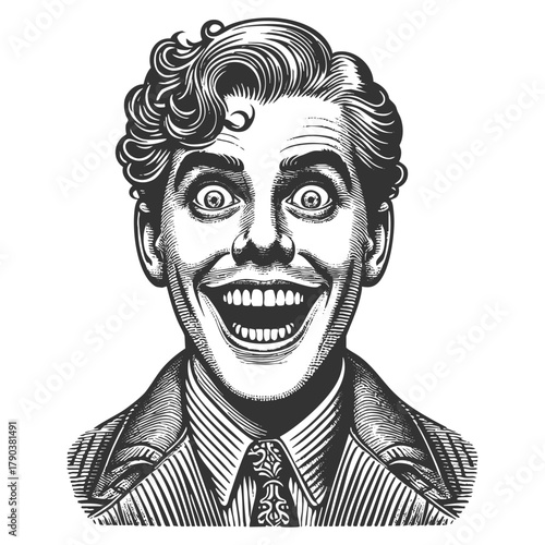 overly enthusiastic man with a huge grin, expressing excitement, madness, or comic joy sketch engraving generative ai fictional character vector illustration. Scratch board imitation. Black and white.