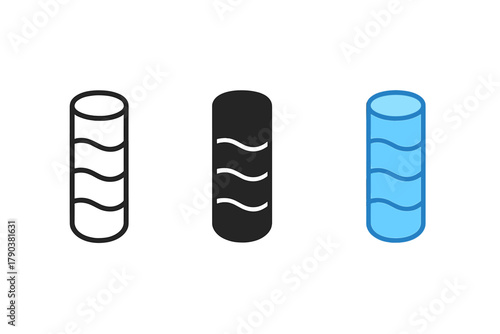 Ice Core Icons. Minimalist ice core icon: three identical ice core sample icons in a row, first in line style with thin outline,