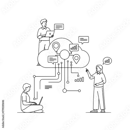 Team of professionals interacting with a conceptual cloud computing network demonstrating efficient digital data management and workflow optimization